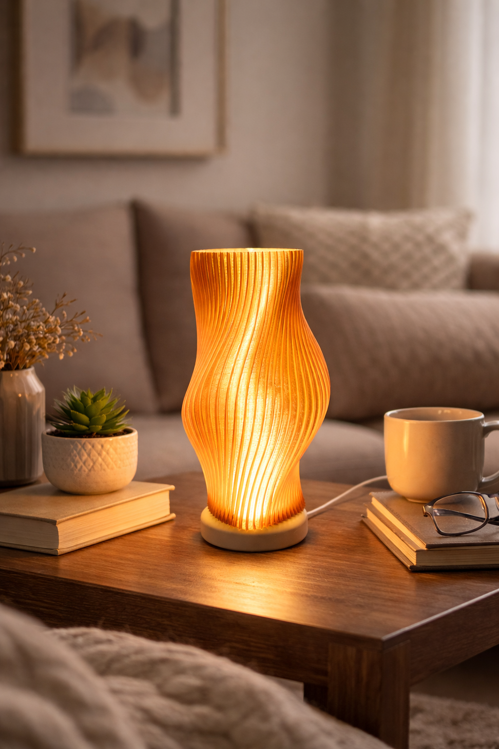 Lámpara De Mesa Decorativa Ondas Orgánicas Luz Cálida 3D Bordó